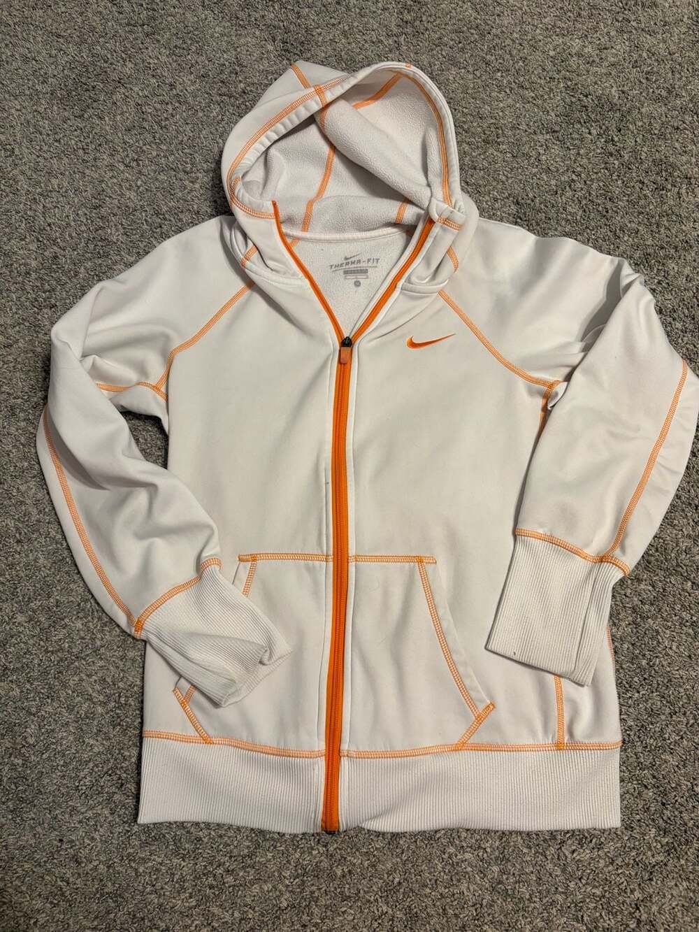 Nike Therma-Fit Zip Hoodie Size M White Orange Contrast Stitching